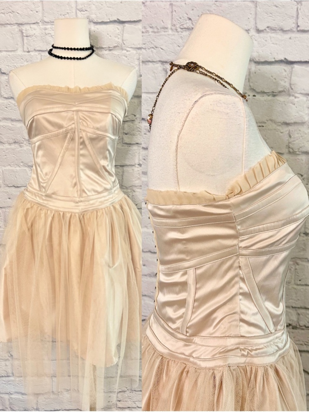 Champagne Strapless Corset Dress w Tulle Skirt Party Satin Ruffles Evening Prom
